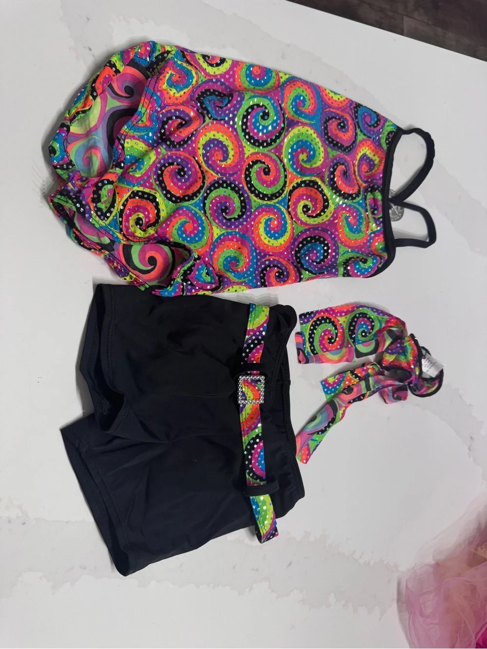 Weissman Neon Swirl Dance Top with Black Bottoms